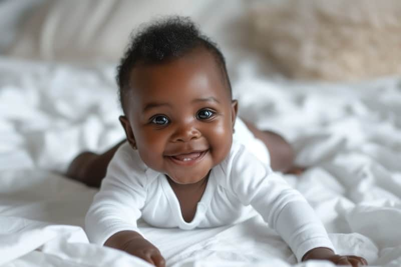 Bébé fille avec un pyjama blanc allongé sur un lit