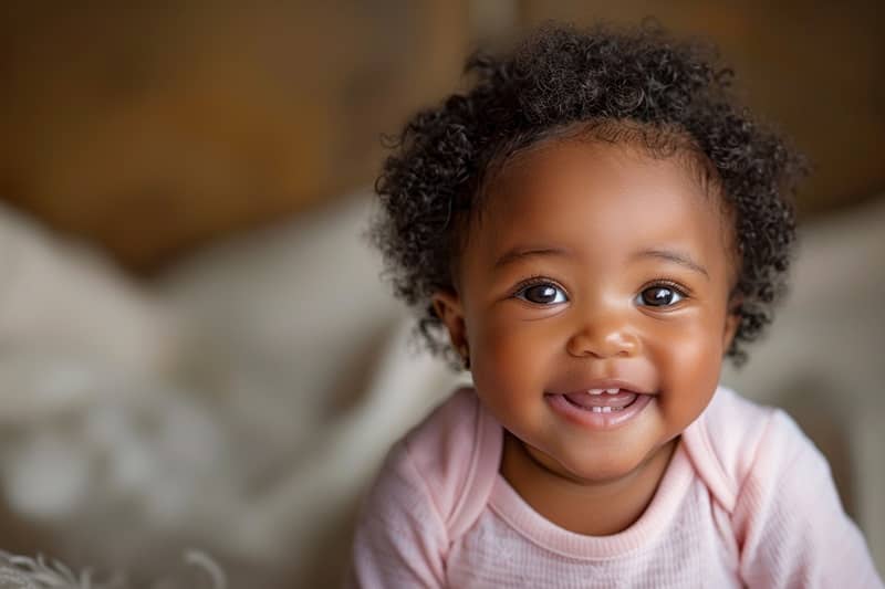 Bébé avec un pyjama rose qui sourit