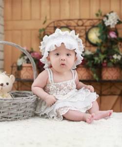 Bébé Portant Un Bandeau Blanc Et Une Robe à Fleurs En Dentelle Blanche Assis à Côté D'un Panier En Osier Gris